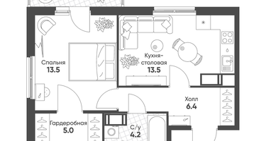 1-к. квартира, 43 м²