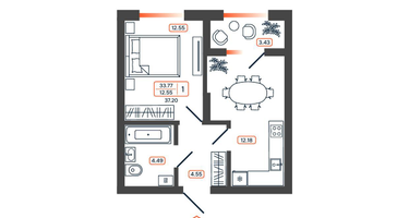 1-к. квартира, 37&nbsp;м²