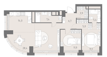 3-к. квартира, 93 м²