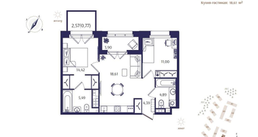2-к. квартира, 61&nbsp;м²