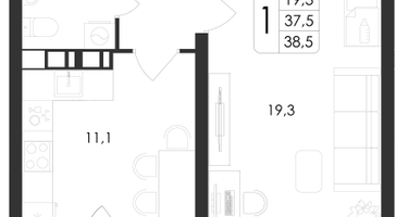 1-к. квартира, 38&nbsp;м²