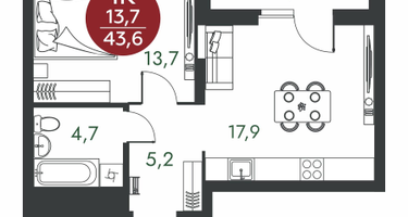1-к. квартира, 43 м²