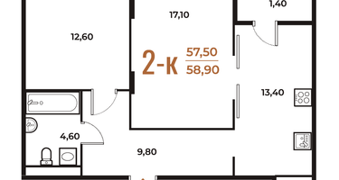 2-к. квартира, 58 м²