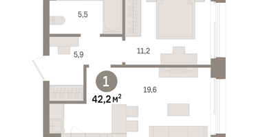 1-к. квартира, 42 м²