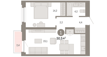 1-к. квартира, 50&nbsp;м²