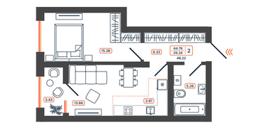2-к. квартира, 48 м²