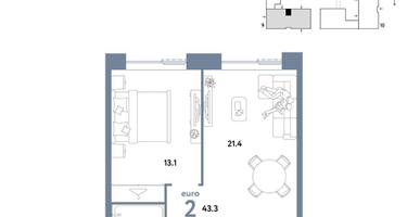 2-к. квартира, 43&nbsp;м²