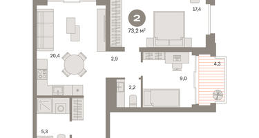 2-к. квартира, 74 м²