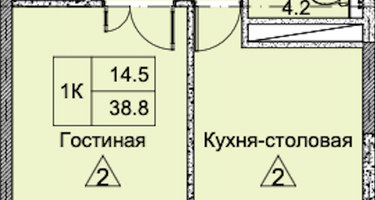 1-к. квартира, 38&nbsp;м²