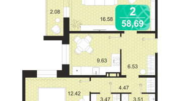2-к. квартира, 58 м²