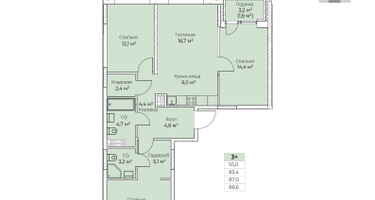 3-к. квартира, 88&nbsp;м²