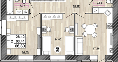 2-к. квартира, 66&nbsp;м²
