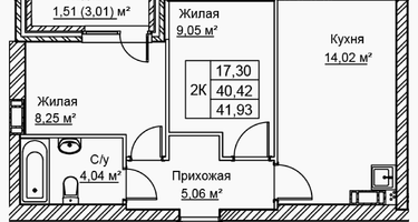 2-к. квартира, 41&nbsp;м²