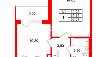 1-к. квартира, 31&nbsp;м²