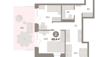 2-к. квартира, 69 м²