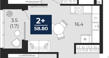 2-к. квартира, 57&nbsp;м²