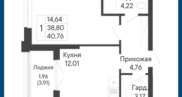 1-к. квартира, 40&nbsp;м²