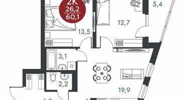 2-к. квартира, 60 м²