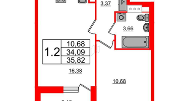 1-к. квартира, 34&nbsp;м²