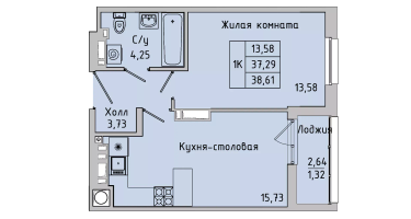 1-к. квартира, 37&nbsp;м²