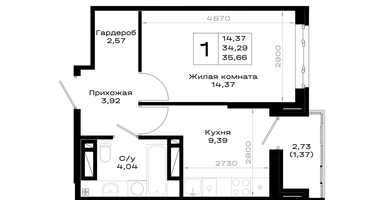 1-к. квартира, 35&nbsp;м²
