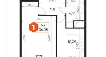 1-к. квартира, 36&nbsp;м²
