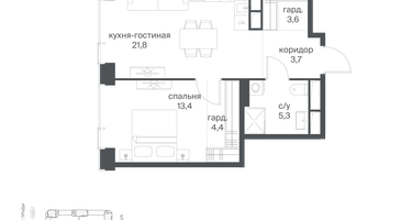 1-к. квартира, 52&nbsp;м²