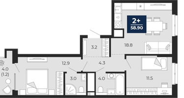 2-к. квартира, 57 м²