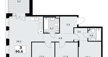 3-к. квартира, 90&nbsp;м²