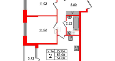2-к. квартира, 52&nbsp;м²