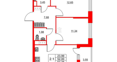 2-к. квартира, 52&nbsp;м²