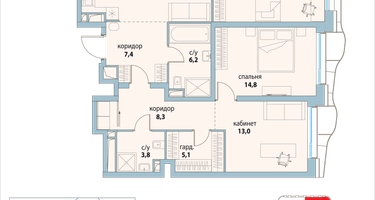 3-к. квартира, 91 м²