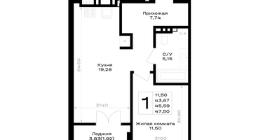 1-к. квартира, 45&nbsp;м²