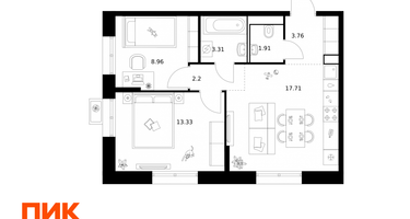 2-к. квартира, 51 м²