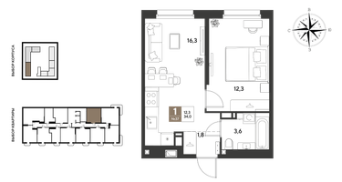 1-к. квартира, 34 м²