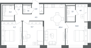 3-к. квартира, 76 м²