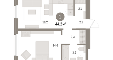 1-к. квартира, 44&nbsp;м²