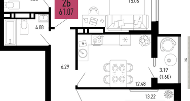 2-к. квартира, 61&nbsp;м²