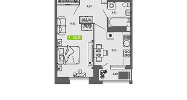1-к. квартира, 35&nbsp;м²