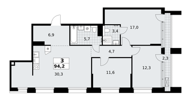 3-к. квартира, 94&nbsp;м²