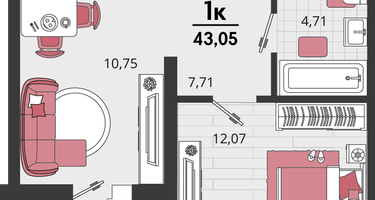 2-к. квартира, 43&nbsp;м²