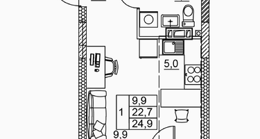 1-к. квартира, 24&nbsp;м²