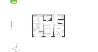 2-к. квартира, 55 м²