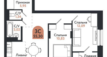 3-к. квартира, 55&nbsp;м²