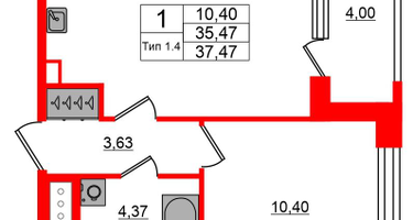 1-к. квартира, 35&nbsp;м²