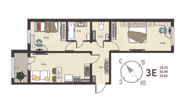 2-к. квартира, 57&nbsp;м²