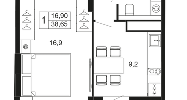 1-к. квартира, 38 м²