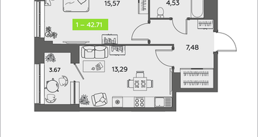 1-к. квартира, 42&nbsp;м²