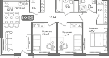 3-к. квартира, 74 м²