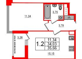 1-к. квартира, 34&nbsp;м²